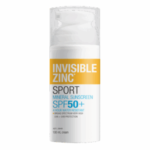 INVISIBLE ZINC SPORT Mineral Sunscreen SPF 50+ Cream 100mL tube lid on front of packaging