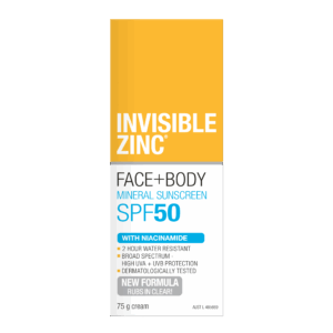 INVISIBLE ZINC FACE + BODY Mineral Sunscreen SPF 50 75g carton 2D front of packaging